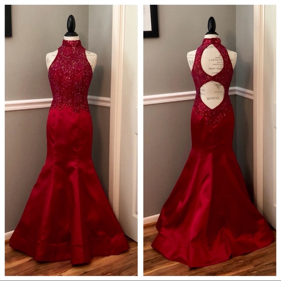 La Femme Dresses & Skirts - RED SATIN SEQUINED MERMAID BALL GOWN